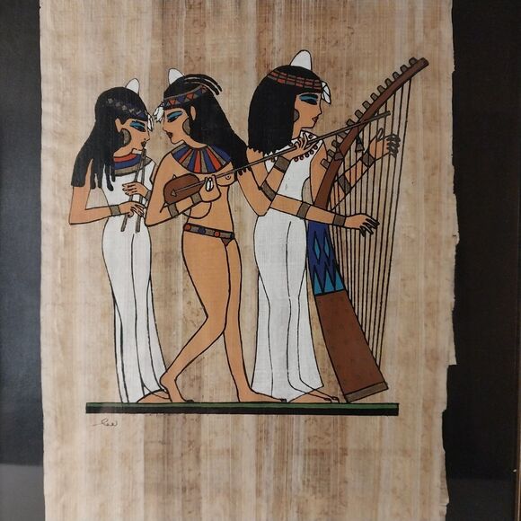 Egyptian Painting on Papyrus Three Dancing Musicians Framed Art Wall Decor - Picture 2 of 7